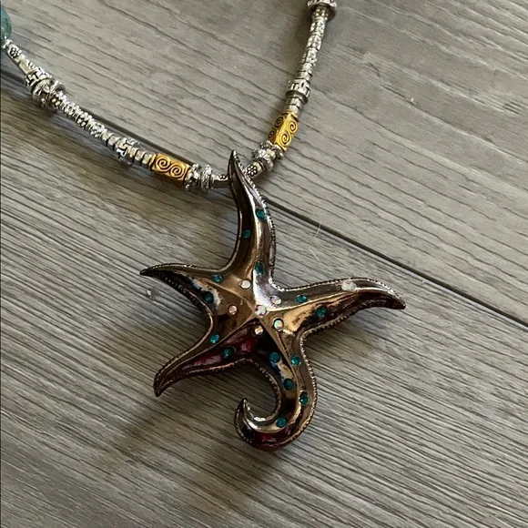 Artisan Starfish Necklace with Sea Glass and Amber Beads - Picture 4 of 10